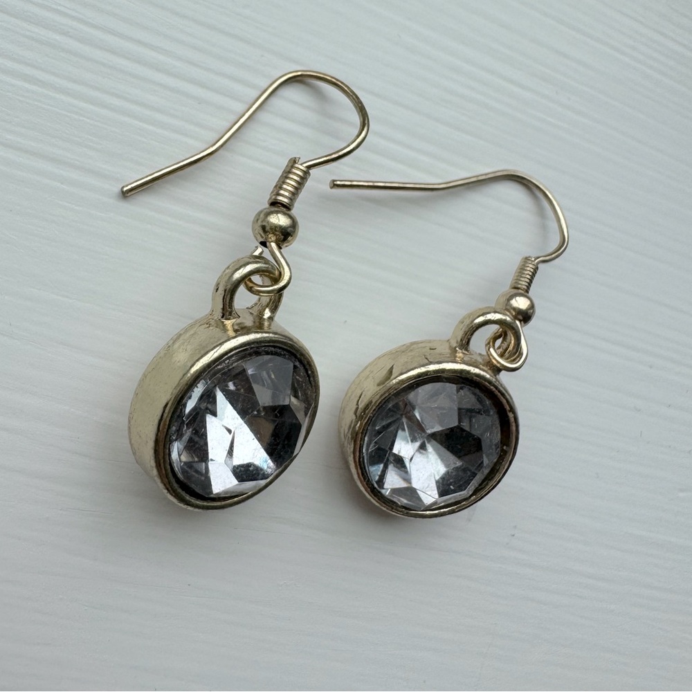 Gold Statement Earrings EUC Circle Crystal Drop Dangle Silver Gray Gemstone - Picture 6 of 7